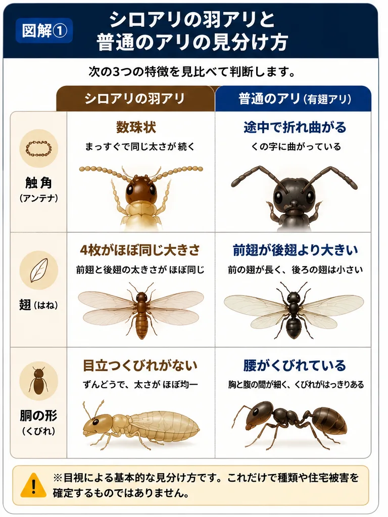 シロアリの羽アリと普通のアリを触角・羽・胴体で比較した見分け方