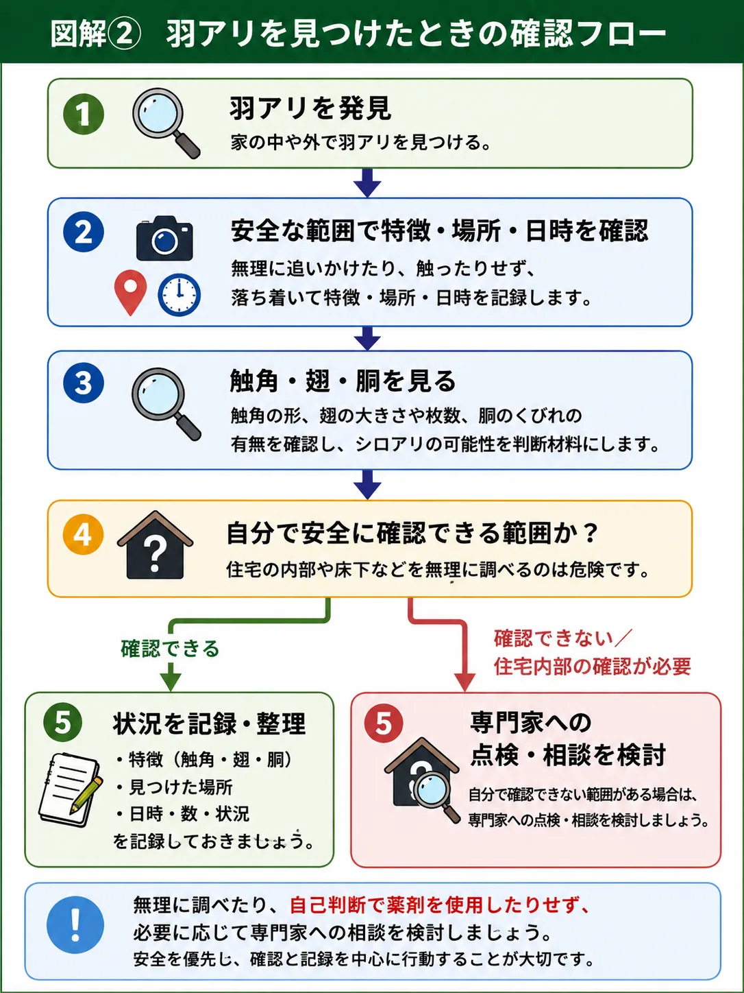 羽アリを見つけたときの確認手順を示したフロー図