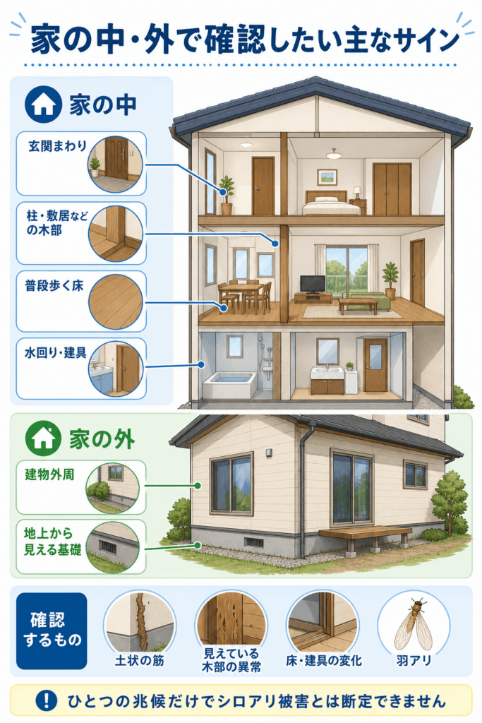 家の中と外で安全に確認できるシロアリ被害の主な手がかり