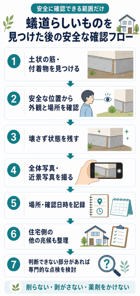 シロアリの蟻道らしいものを見つけたときの安全な確認と記録の流れ